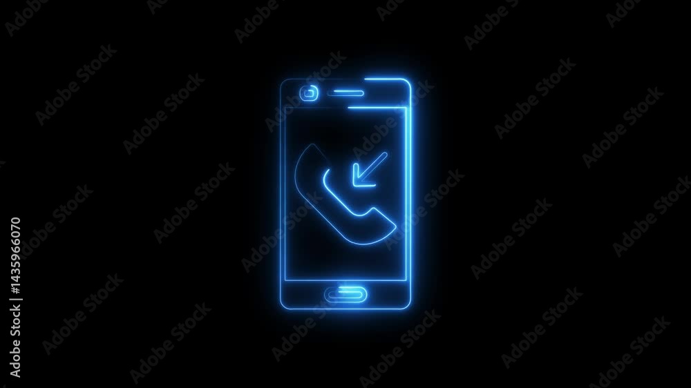 Poster glowing phone outline with incoming call neon effect animation in black background