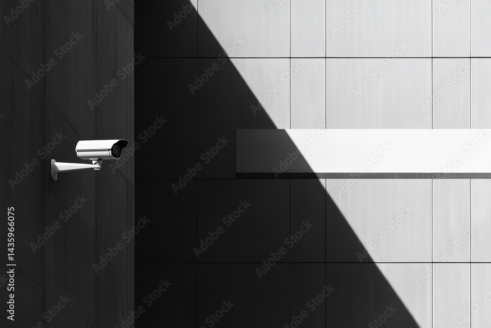 Poster surveillance camera on a modern building with sharp shadows during daylight hours