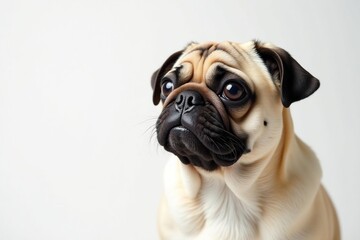 Single pug looking at camera, pure white backdrop, dog photo, funny