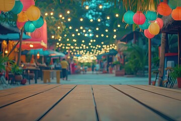 Wooden table top with blurred evening market background