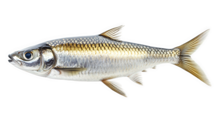 silver fish with a streamlined body. distinct scales. and a prominent eye. positioned against a white background this type of fish is often associated with culinary uses. particularly in various cuisi