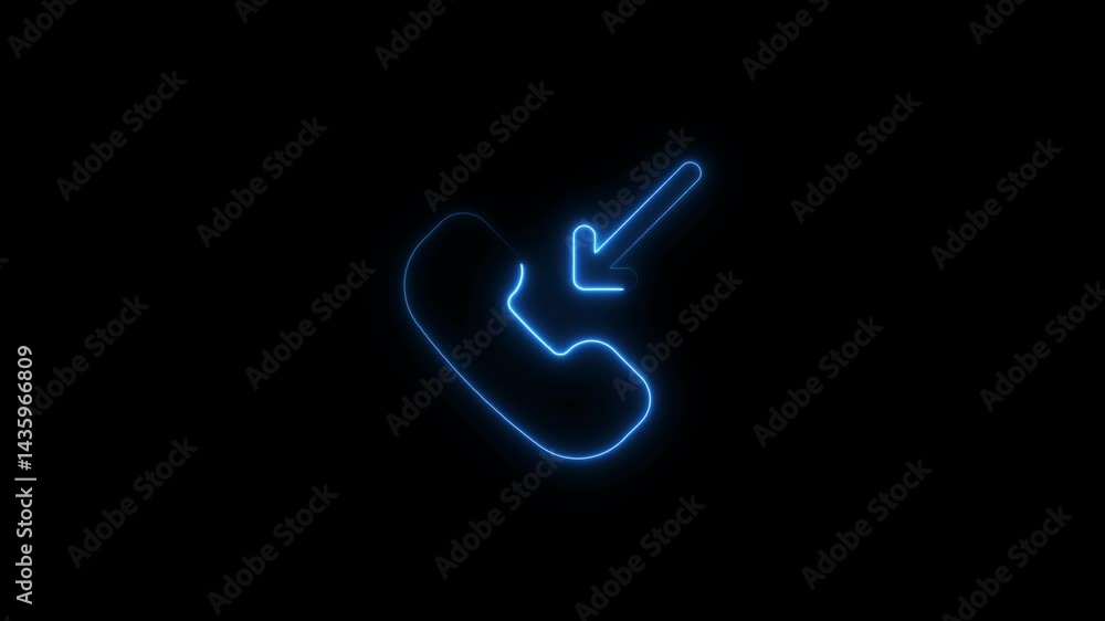 Poster neon phone receiver icon with arrow animation on black background for communication