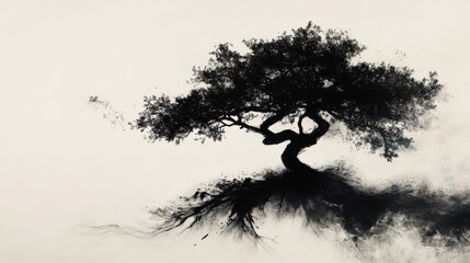 Black Ink Bonsai Tree Painting on Beige Background