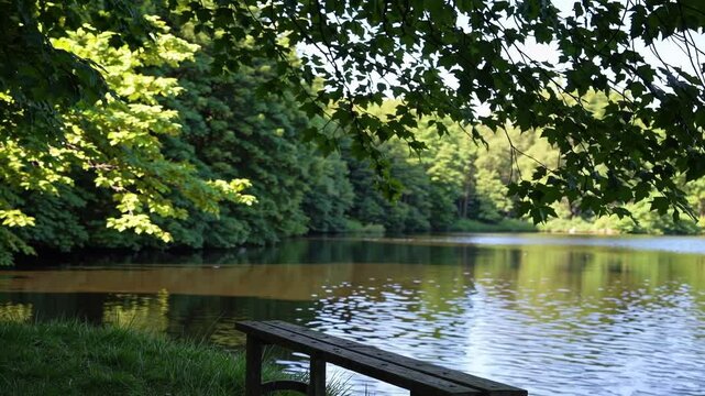 Serene lakeside with bench under lush greenery