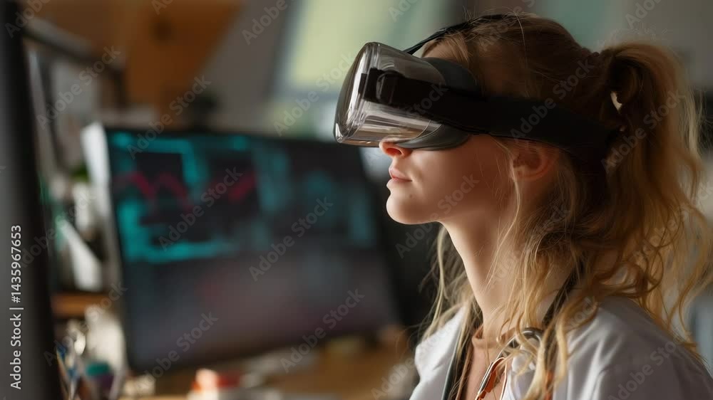 Poster a woman wearing virtual reality goggles is focused, engaged in a high-tech environment with multiple