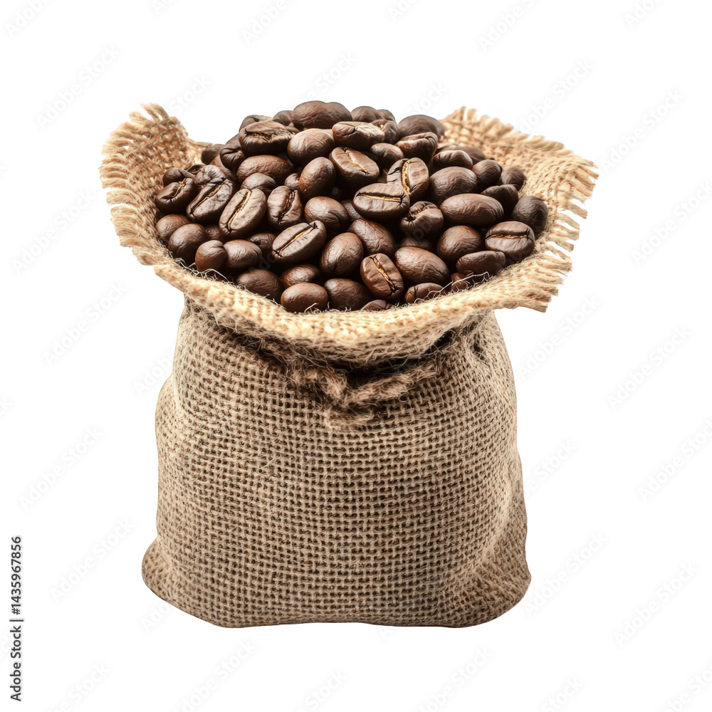 Poster burlap sack filled with roasted coffee beans. showcasing the texture of the burlap and the glossy su