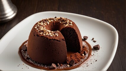 Decadent Chocolate Lava Cake Indulgence: A Rich and Fudgy Dessert Delight on a White Plate, Perfect for a Sweet Treat.