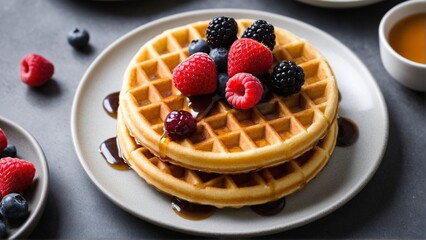 Golden Waffles Stacked High with Fresh Berries and a Drizzle of Syrup, a Delightful Breakfast Experience.