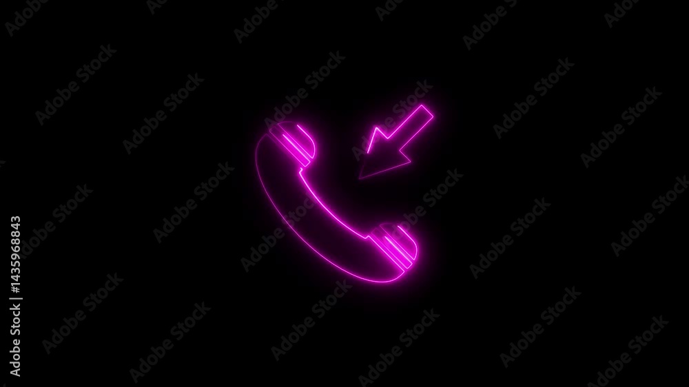 Poster glowing neon phone receiver icon with incoming call arrow animation on black background