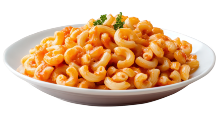 plate of macaroni pasta coated in a vibrant orange sauce. garnished with a small sprig of parsley the pasta is shaped in a classic elbow style. creating an appetizing and comforting dish. ideal for ca