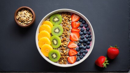 Vibrant Breakfast Bowl: A Colorful Array of Fresh Fruits, Crunchy Granola, and Nutritious Oats on a Dark Background.