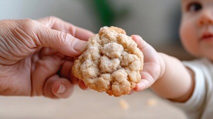 Grandparent gives cookie to baby