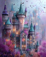 Fototapeta premium Whimsical castle surrounded by magical scenery.