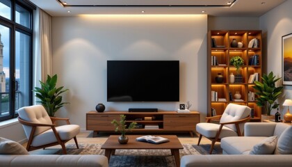 Modern living room design showcase urban apartment interior photography contemporary style wide-angle view home aesthetics