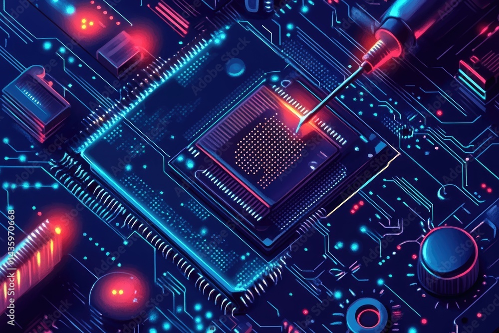 Aufkleber close-up of a circuit board with a microprocessor being soldered, showcasing intricate technological