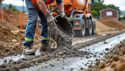Construction worker pouring concrete on roadway urban area photography outdoor close-up industrial process