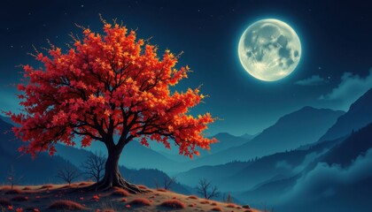 Moonlit autumn tree in serene mountain landscape night scene nature photography tranquil environment