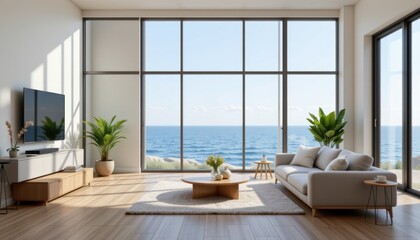 Fototapeta premium Modern coastal living room design beachfront home interior decor bright environment panoramic view tranquility
