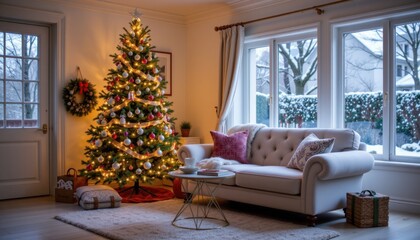 Cozy christmas celebration with tree living room interior design warm atmosphere daylight holiday spirit