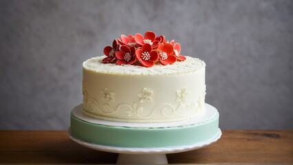 Naklejka premium Elegant confection creation featuring delicate cream frosting, vibrant red floral accents, and an inviting two-tiered design on a stand.