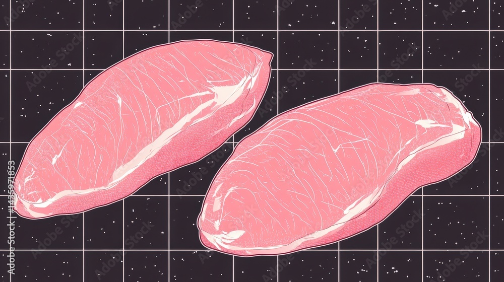 Poster two pieces of raw meat displayed on a grid background, emphasizing texture and color for culinary us