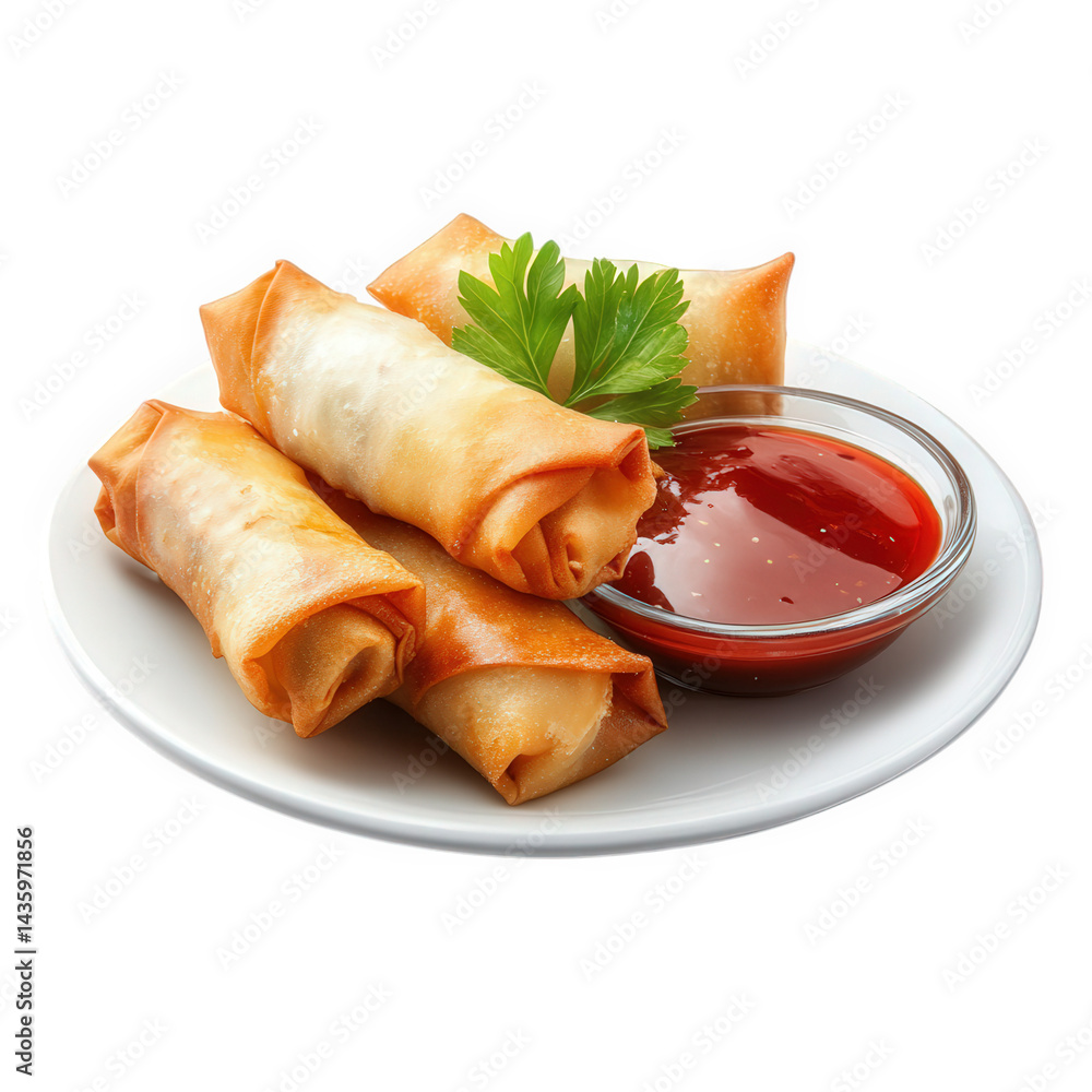 Poster plate of four crispy spring rolls arranged neatly. accompanied by a small bowl of red dipping sauce 