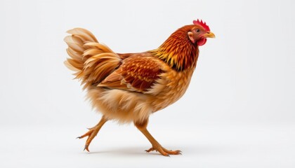 Fototapeta premium Energetic chicken walking in minimalist studio setting animal photography bright background dynamic perspective