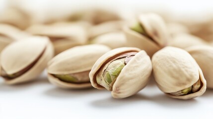 Freshly shelled pistachios close up on white background natural healthy snack