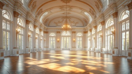 Obraz premium Sunlit grand ballroom with arched windows, ornate details, and parquet floor.