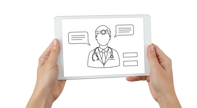 Isolated Doctor on Tablet Screen Held by Two Hands