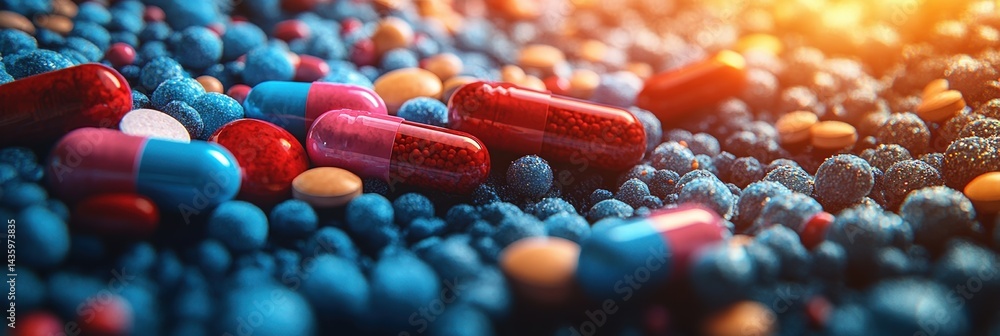 Poster colorful capsules and pills scattered on a textured surface creating an abstract pattern