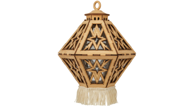 Isolated Wooden Lantern with Star Cutouts and Tassels