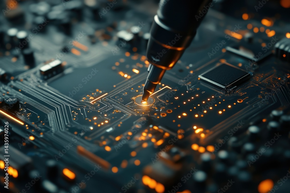 Aufkleber close-up of a soldering iron meticulously working on a circuit board's intricate components.
