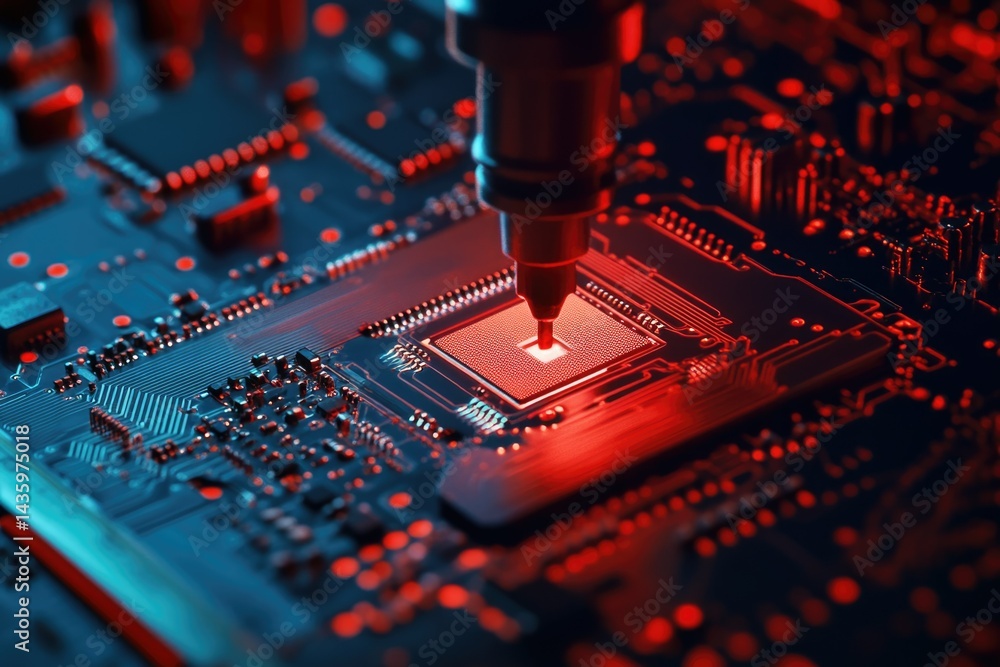 Poster close-up of a microchip being installed onto a circuit board during manufacturing.