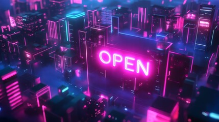 Futuristic Cityscape at Night with Neon Open Sign