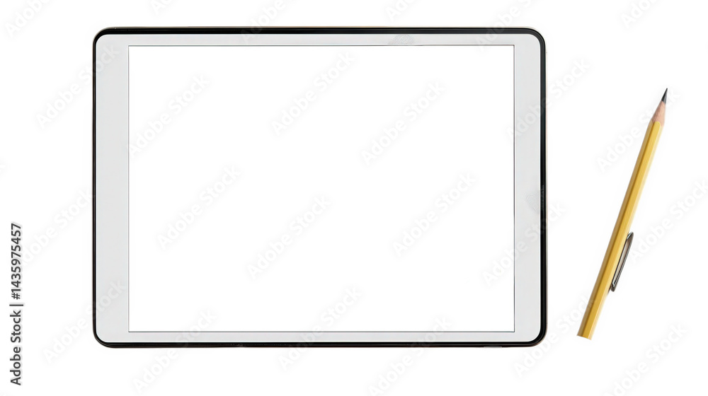 Aufkleber blank tablet device placed on a clean surface alongside a yellow pencil. suggesting a space for crea