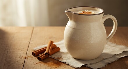 Creamy Horchata Drink with Cinnamon on Wooden Surface