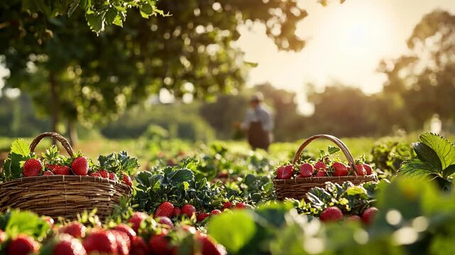 Strawberry Harvest: Ripe strawberries in wicker baskets, freshly picked and scattered on the ground amidst lush green foliage under golden sunlight.