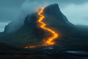 Fototapeta premium A glowing river ascends the mountain in a dark and moody landscape. Ideal for fantasy, mythology, or powerful concepts about nature.