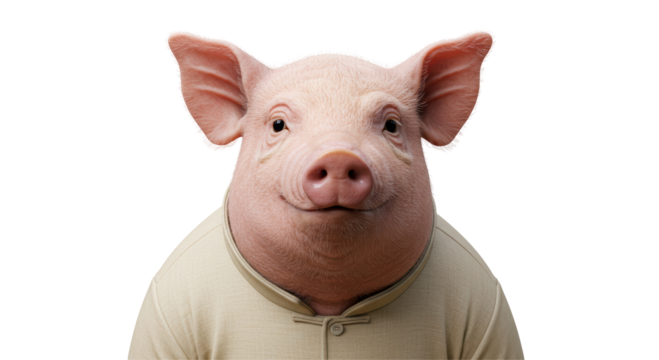 Isolated Pig in Human Clothes with Amused Facial Expression