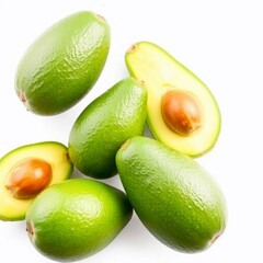 Photograph, avocados isolated on white background, bright lens flare, light streaks, vibrant colors, graceful and elegant, refined features.