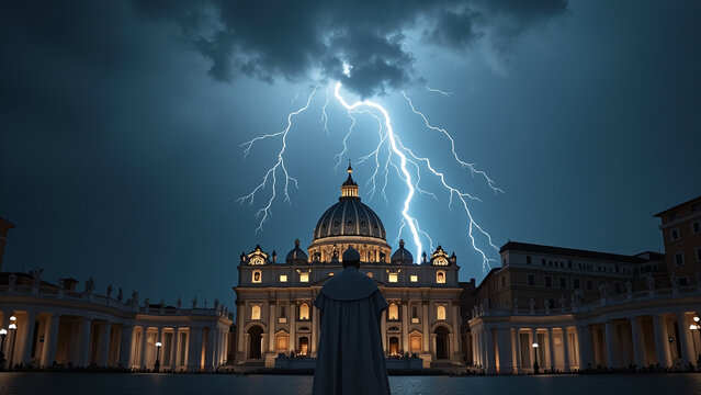St. Peter's Basilica Lightning Strike with a Person in Robes.