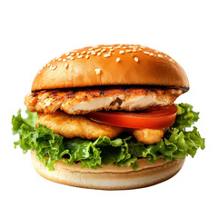 a delicious chicken sandwich featuring a grilled chicken fillet. fresh lettuce. and a slice of tomato. all nestled in a sesame seed bun the vibrant colors and textures highlight the appealing nature o