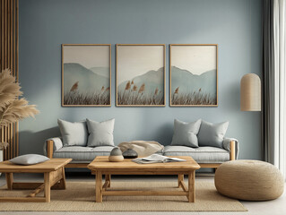 Photo of 3 canvas wall art on the wall in A cozy living room in a soft blue color, with a rustic style. The room features wooden furniture and a sofa with cushions, showcasing a wabi-sabi interior des