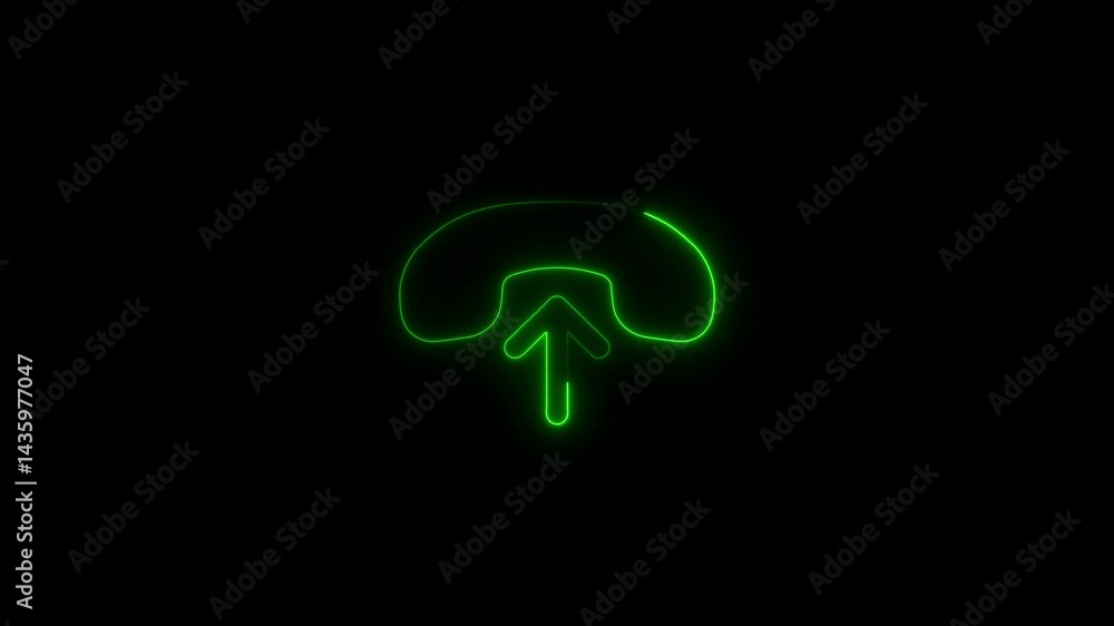 Poster glowing green upload icon animation on black background symbolizing digital transfer