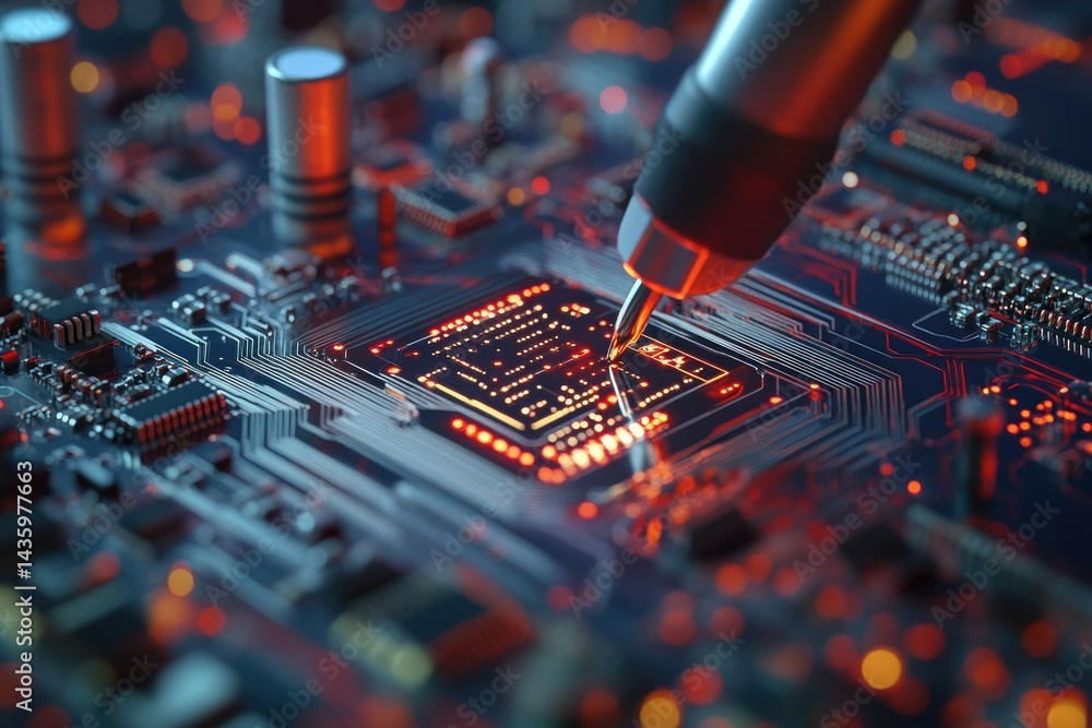 Aufkleber close-up of a circuit board with a microchip being installed, showcasing intricate electronic compon
