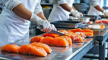 Fresh Salmon Slices: A close-up view captures a professional chef expertly slicing fresh, vibrant salmon fillets in a bustling commercial kitchen setting, prepared for a culinary masterpiece.