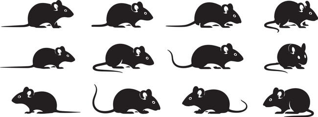 Twelve Black Silhouettes of Mice in Various Poses