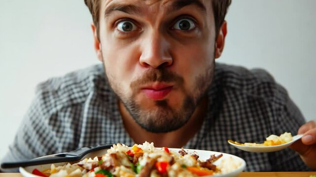 Culinary Delight: A man fixated on savoring a visually appealing, delectable dish, capturing the moment of pure culinary pleasure and intense satisfaction. 