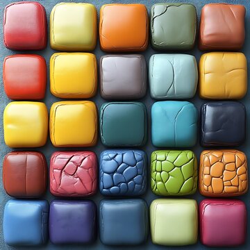 Colorful square textured blocks arranged in a grid pattern.  Variety of colors and surface textures